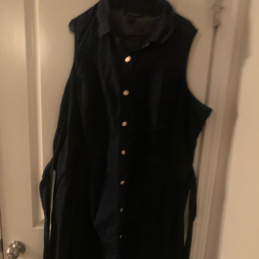 Denim dress with belt.